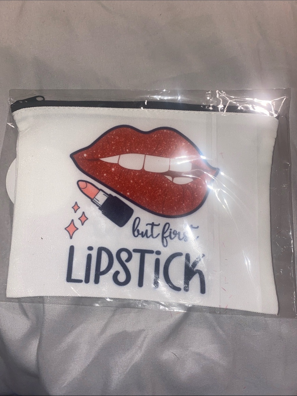 White Canvas Cosmetic Pouch with Red Glitter Lips and Lipstick Graphic